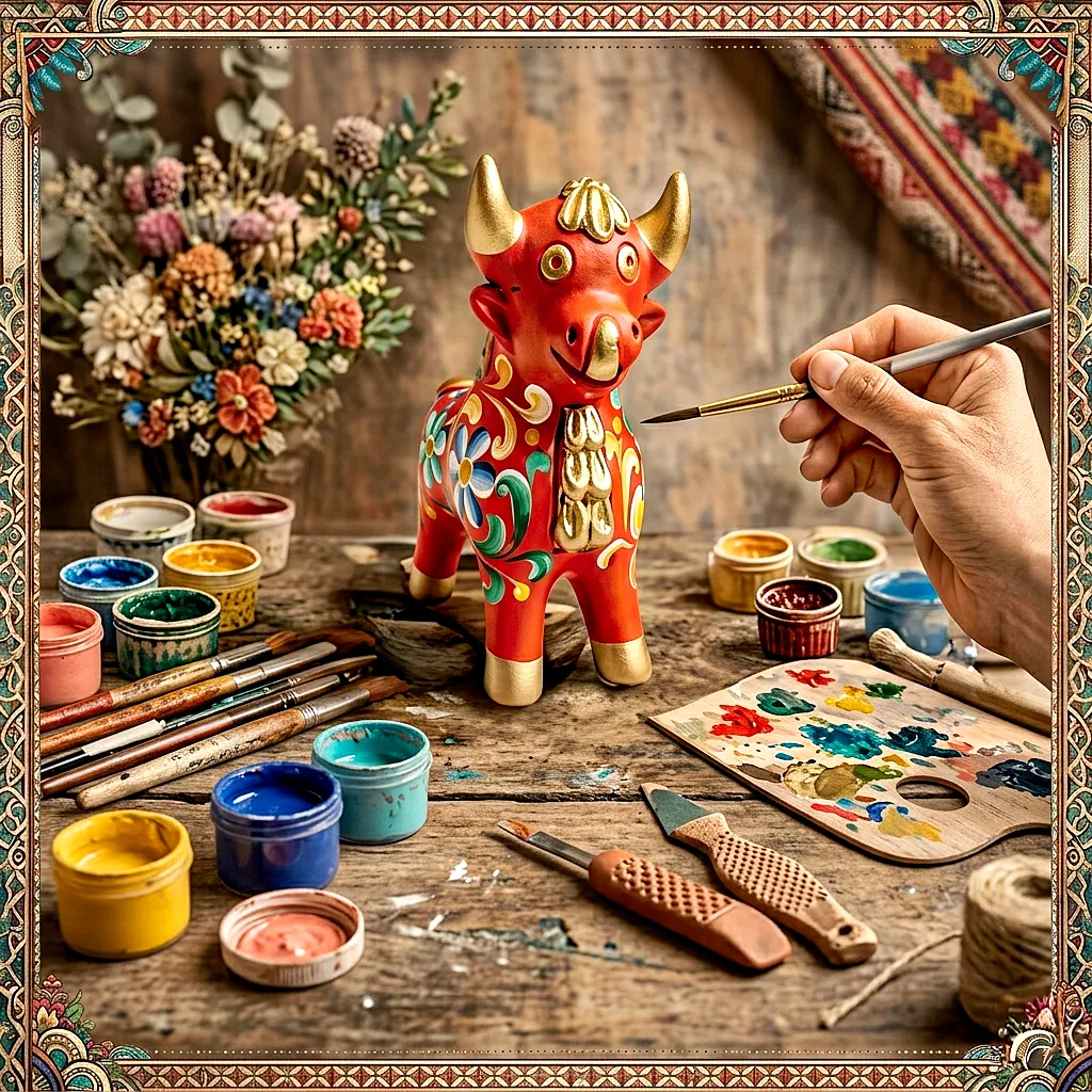Pintado tradicional del Torito de Pucará con maestros artesanos