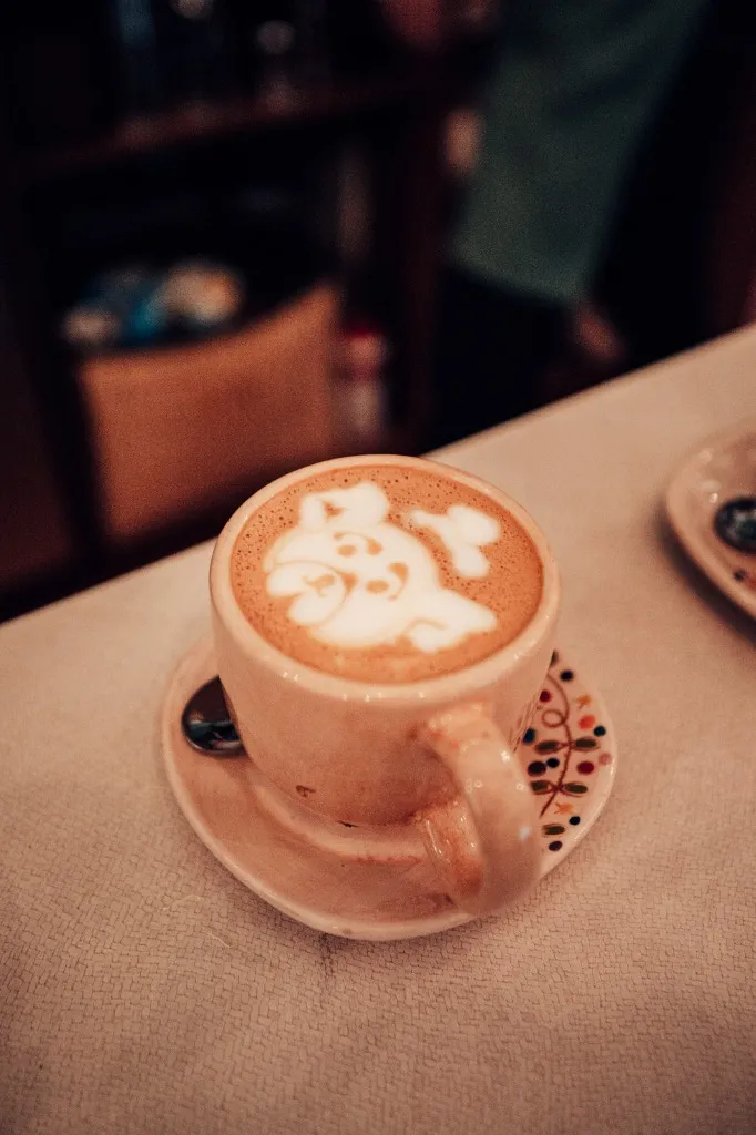 Cappuccino with latte art in a ceramic cup