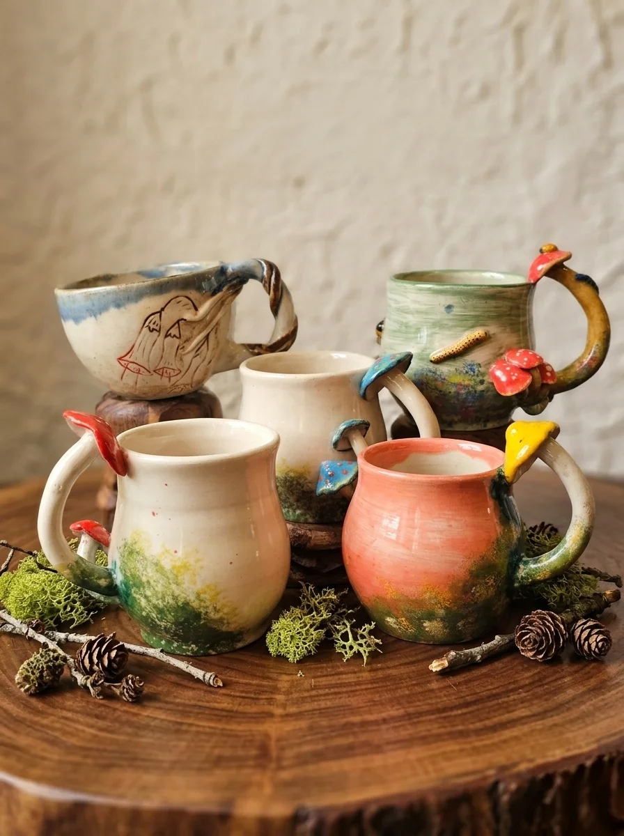 Colección de Tazas Bosque Encantado modeladas a mano